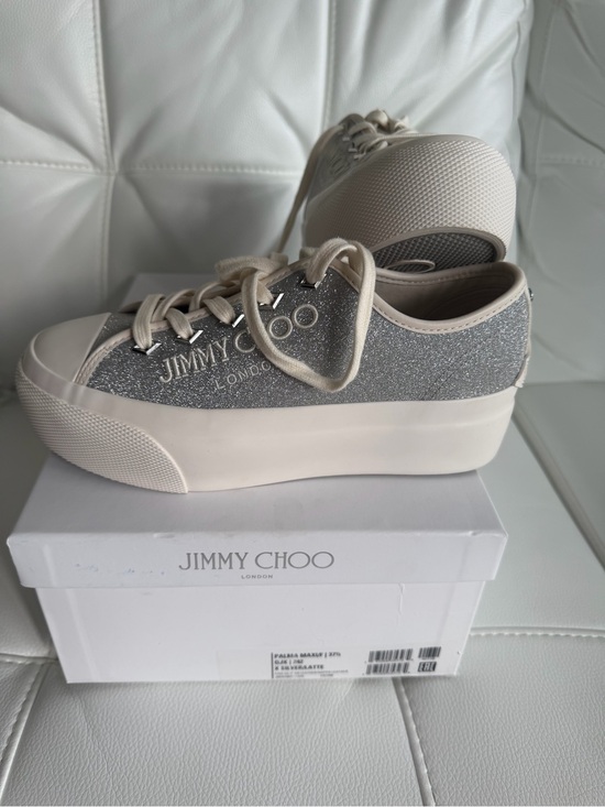 Jimmy Choo Shoes - Jimmy Choo Silver Glitter Platform Sneakers with Cream Trim